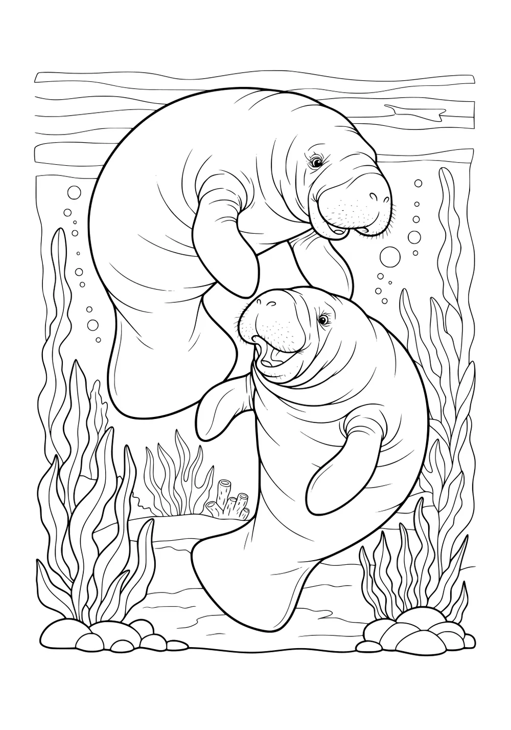 Two manatees swim together underwater with seaweed, rocks, coral, and bubbles all around them.