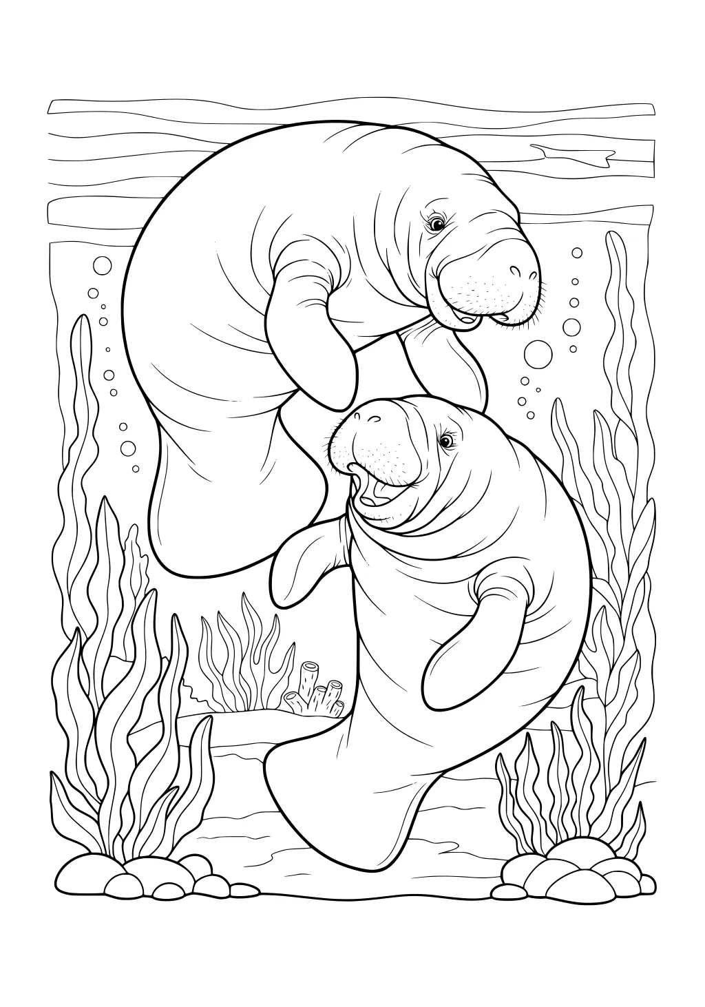 Two manatees swim together underwater with seaweed, rocks, coral, and bubbles all around them.