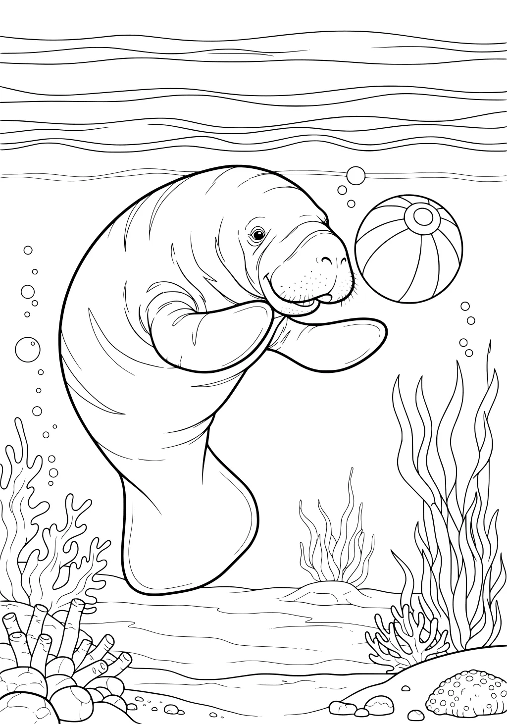 Manatee underwater with a playful beach ball, surrounded by seaweed, coral, bubbles, and ocean sand.
