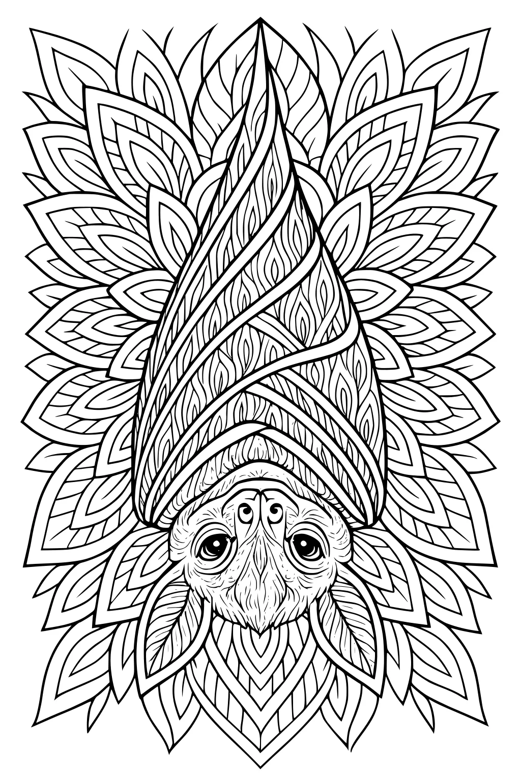 A bat hanging upside down, wrapped in wings, with a detailed leaf and swirl patterned background.