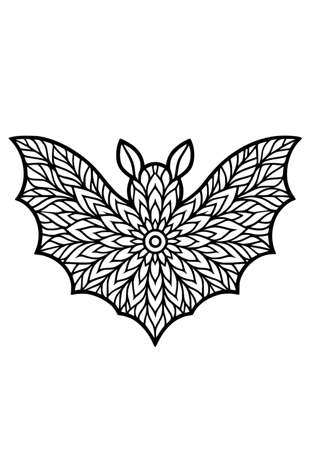 Outlined bat with patterned wings and leaf designs filling its body.