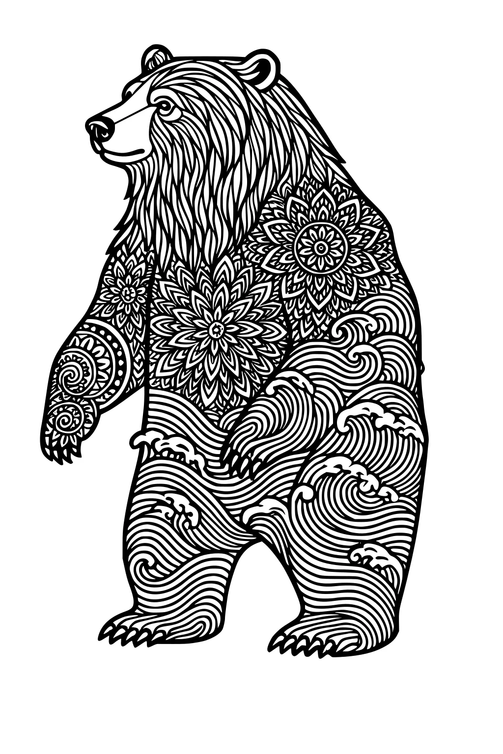 Bear standing upright, decorated with mandala flowers and swirling waves drawn in black outlines.