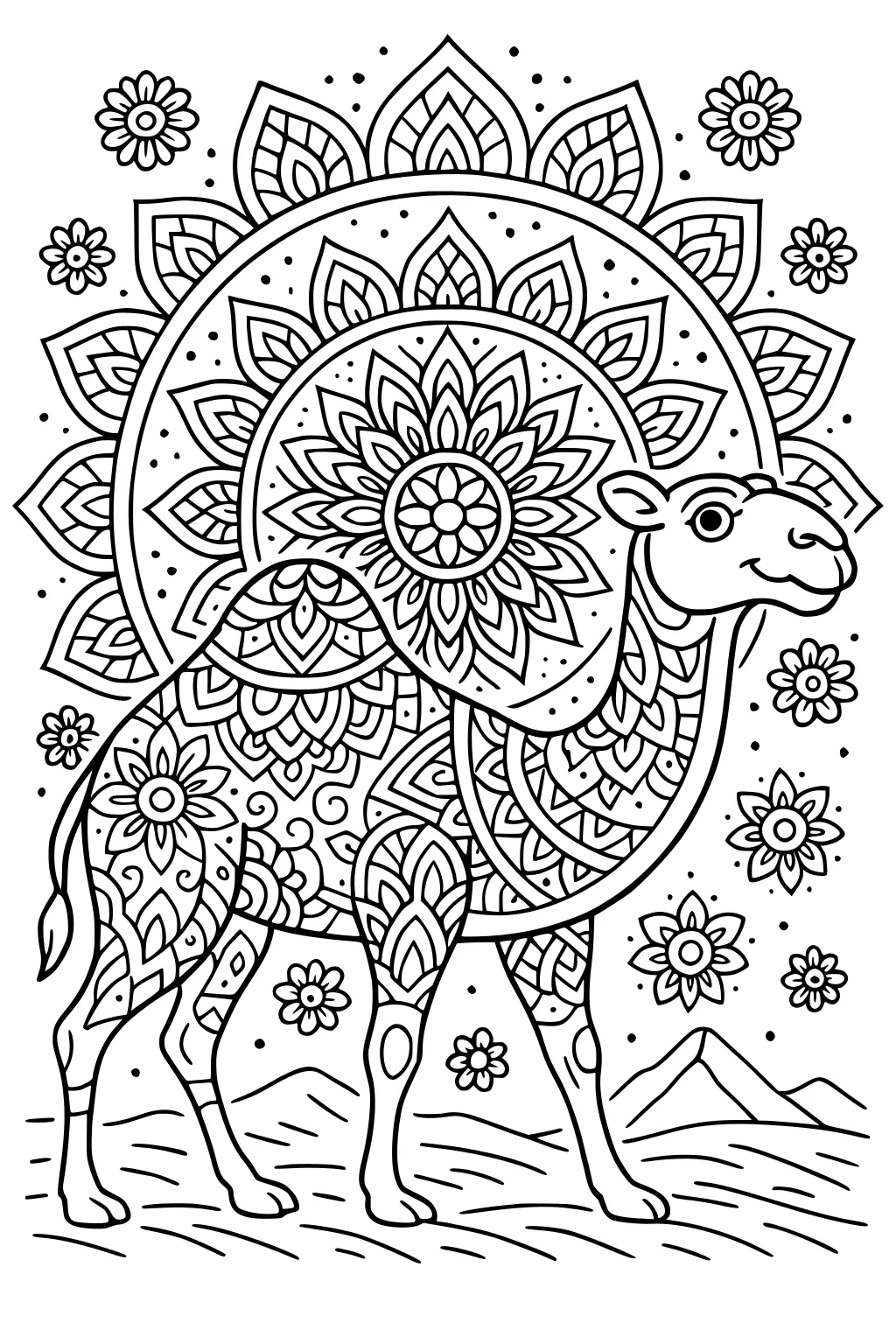 Camel covered in mandala designs, surrounded by flowers and a patterned sun, standing on desert sand with mountains in the background.
