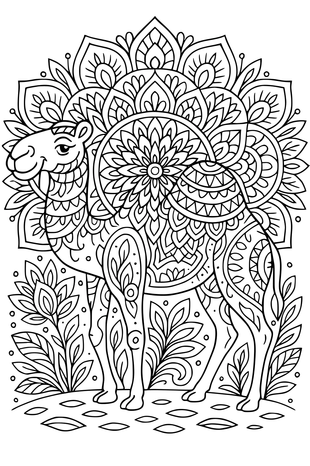 Camel with mandala patterns, leafy plants, and flowers in detailed black outlines.