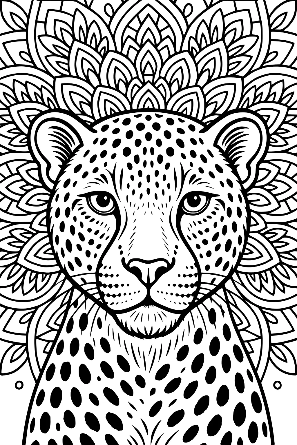 Cheetah face with black spots and a mandala pattern behind its head, shown from the shoulders up.
