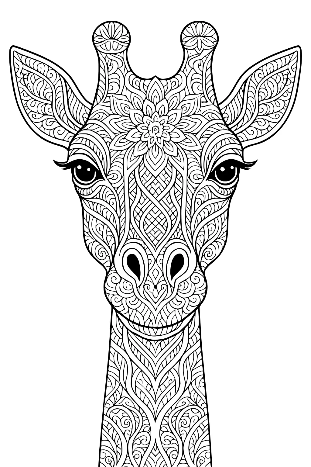 Giraffe face with large patterned ears and swirling mandala designs filling her face and neck.