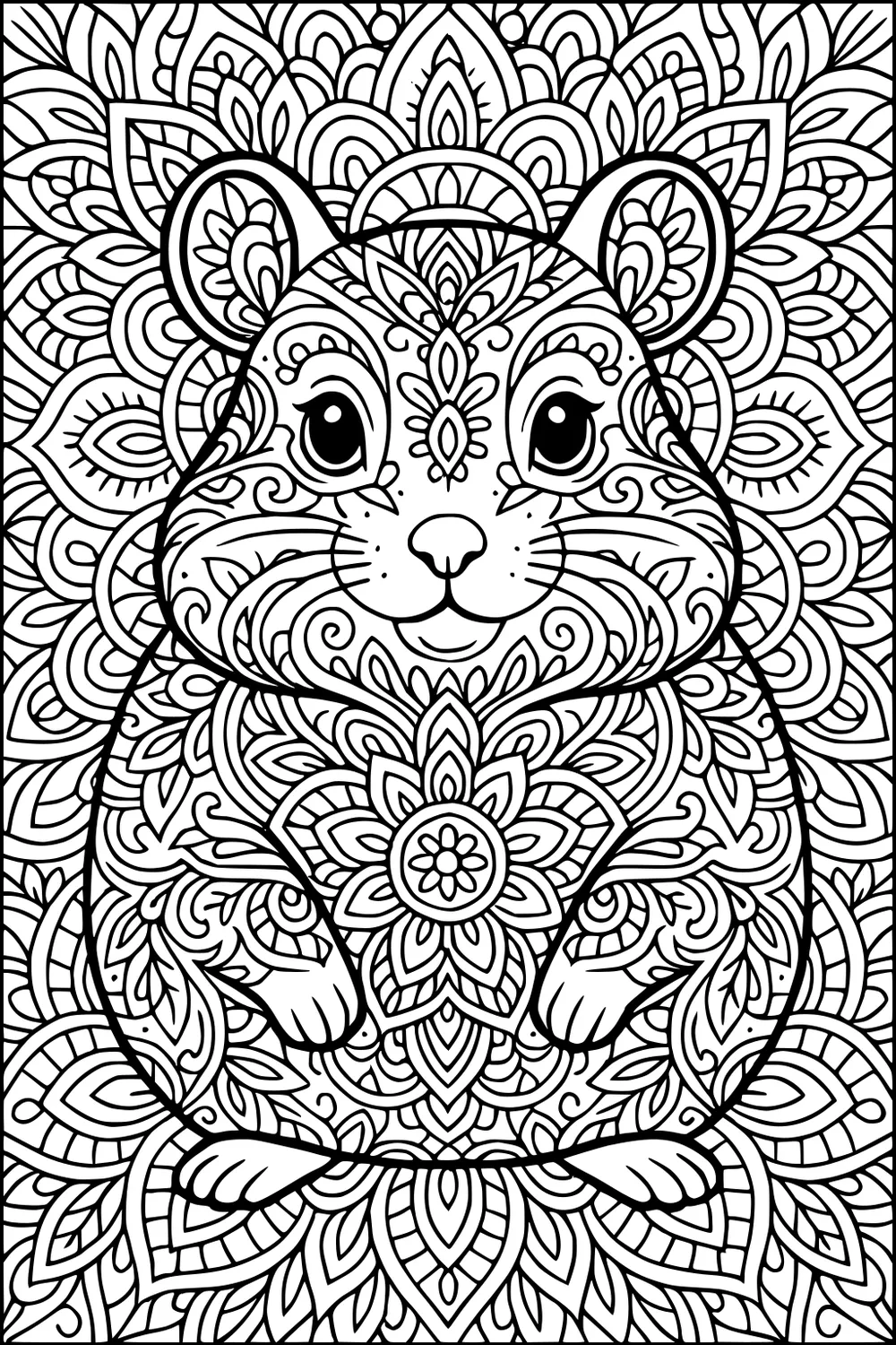 A hamster with big eyes and decorated fur sits at the center, surrounded by detailed mandala and floral patterns.