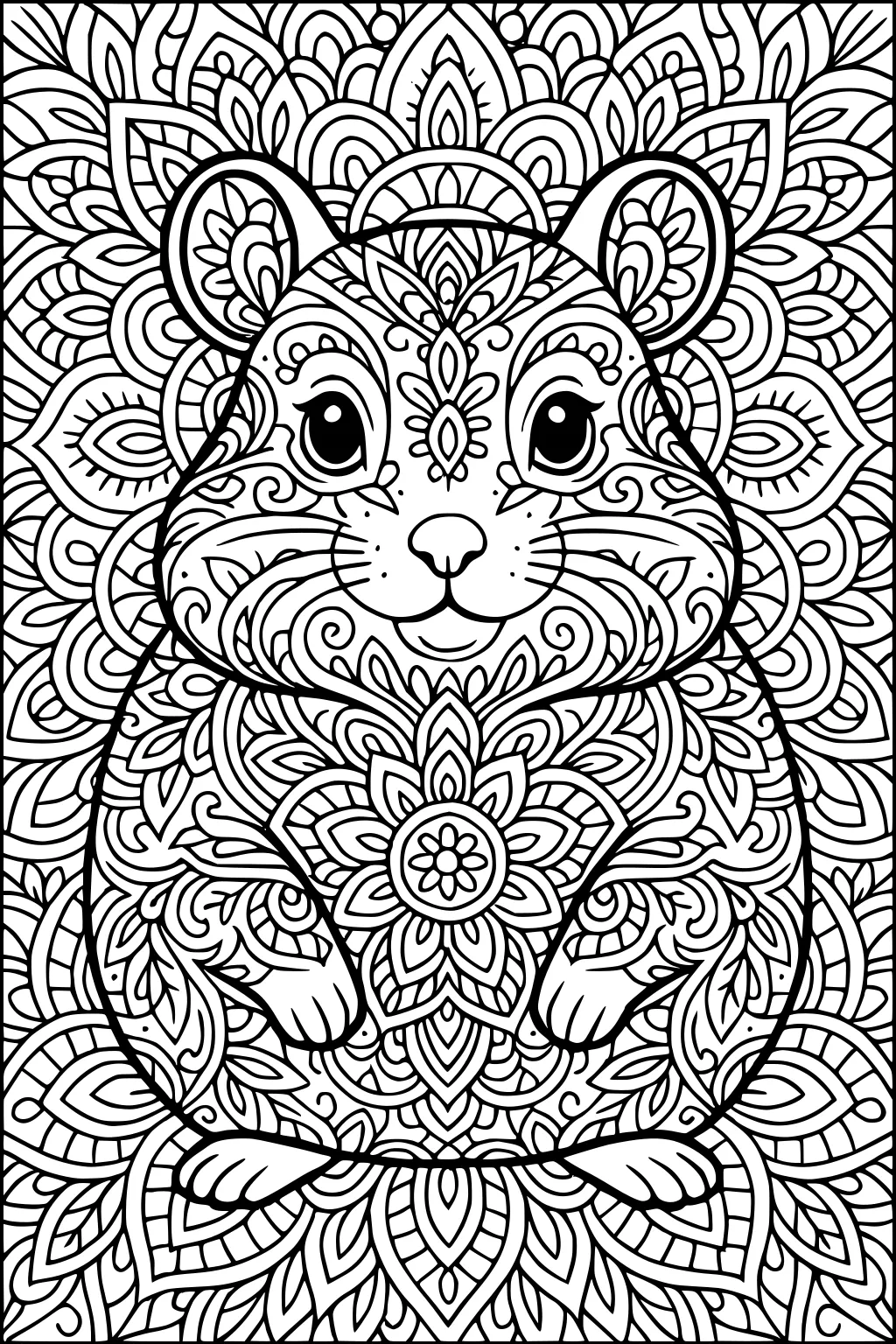 A hamster with big eyes and decorated fur sits at the center, surrounded by detailed mandala and floral patterns.
