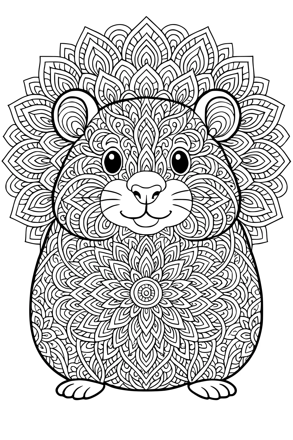 Smiling hamster with big eyes, round ears, and fur made of intricate mandala and flower patterns.