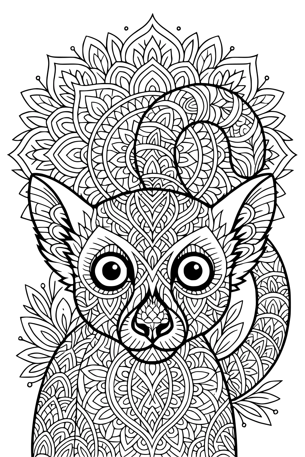 Lemur with big eyes and a curled tail, filled with mandala and leaf patterns.