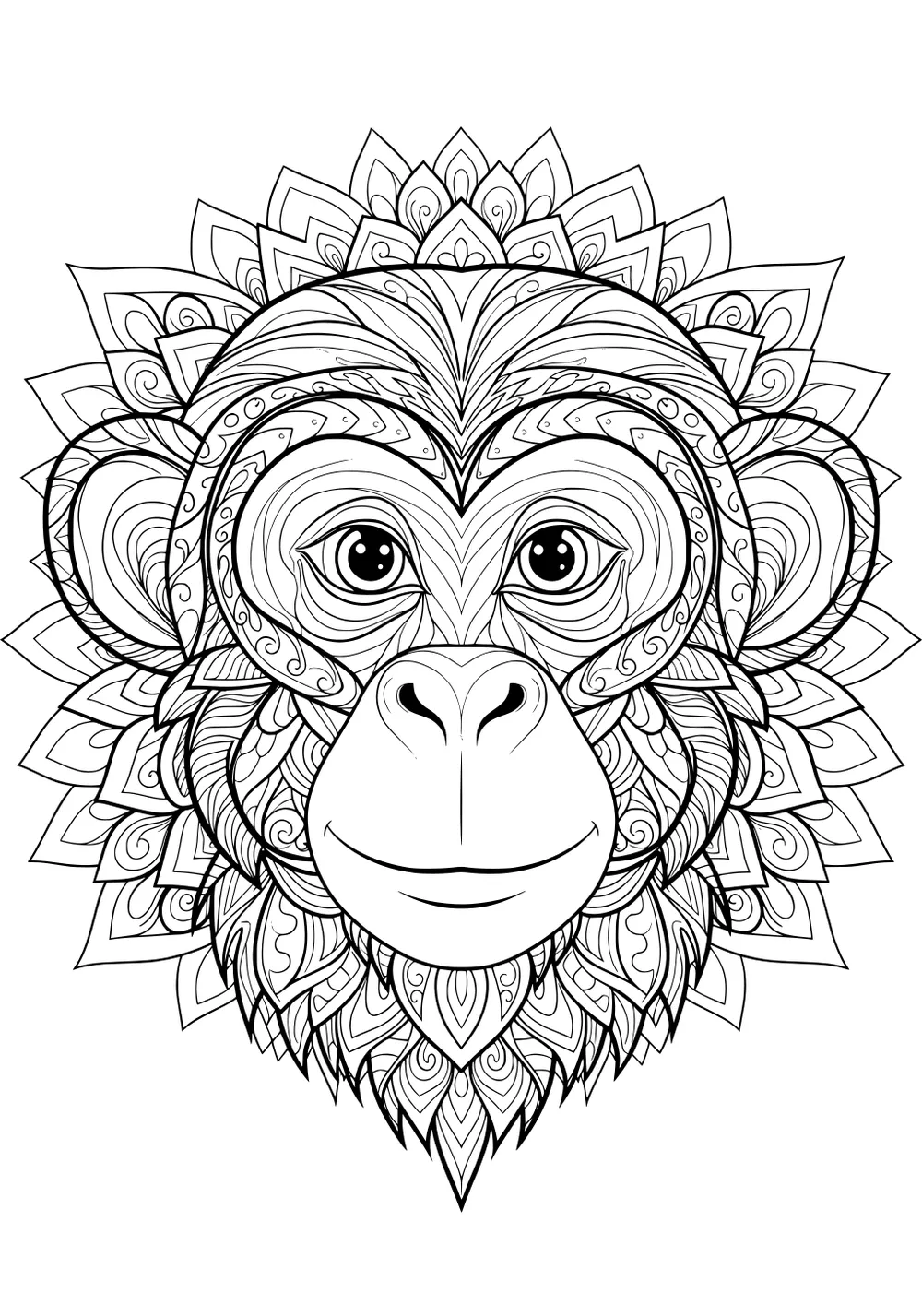 Monkey face with patterned fur and leafy mandala shapes radiating around the head