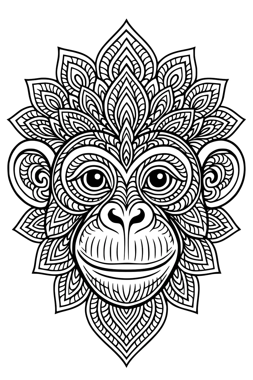 Symmetrical monkey face with large eyes, round ears, and detailed decorative patterns around the head.