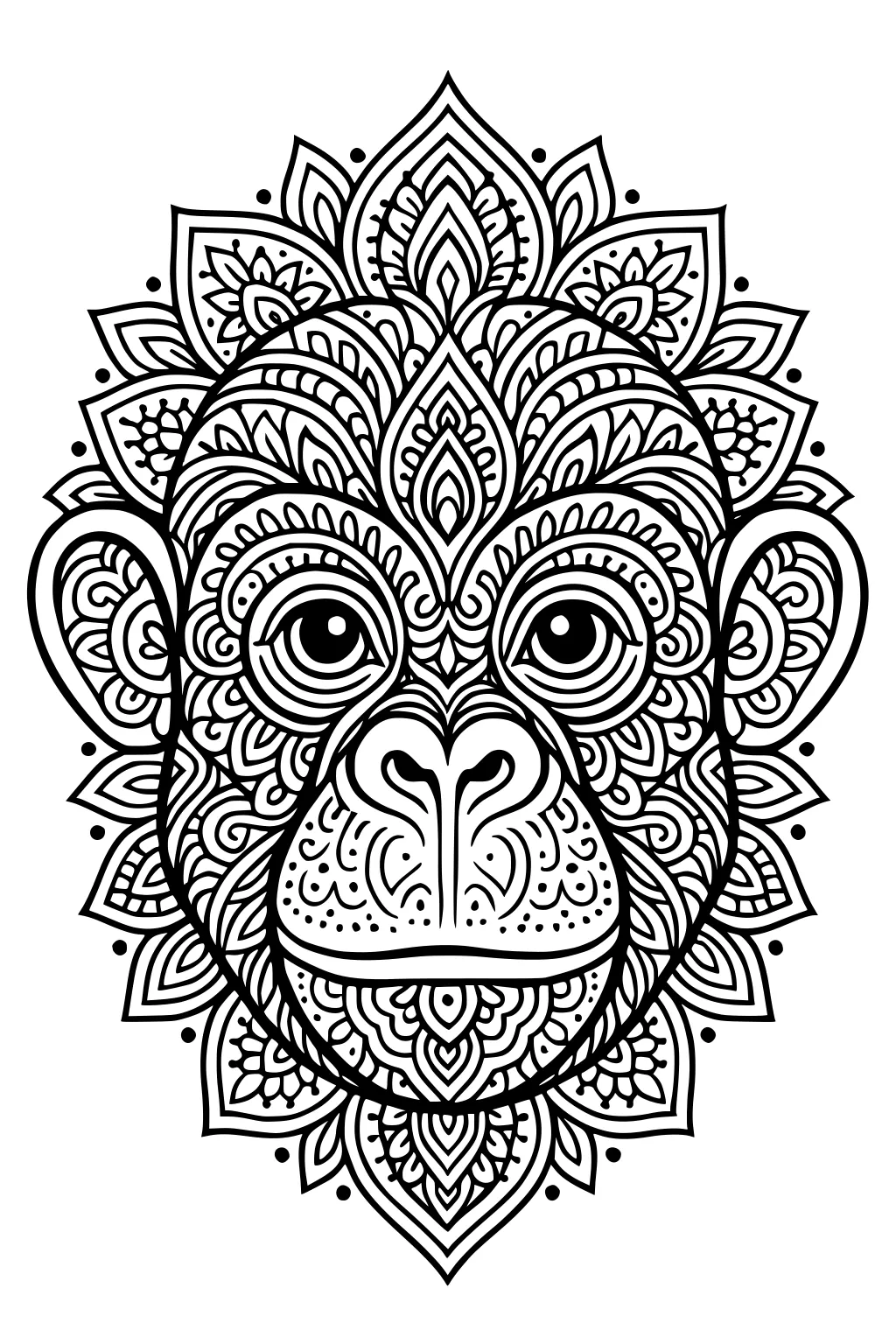 Mandala monkey face with detailed floral and swirl patterns filling its features.