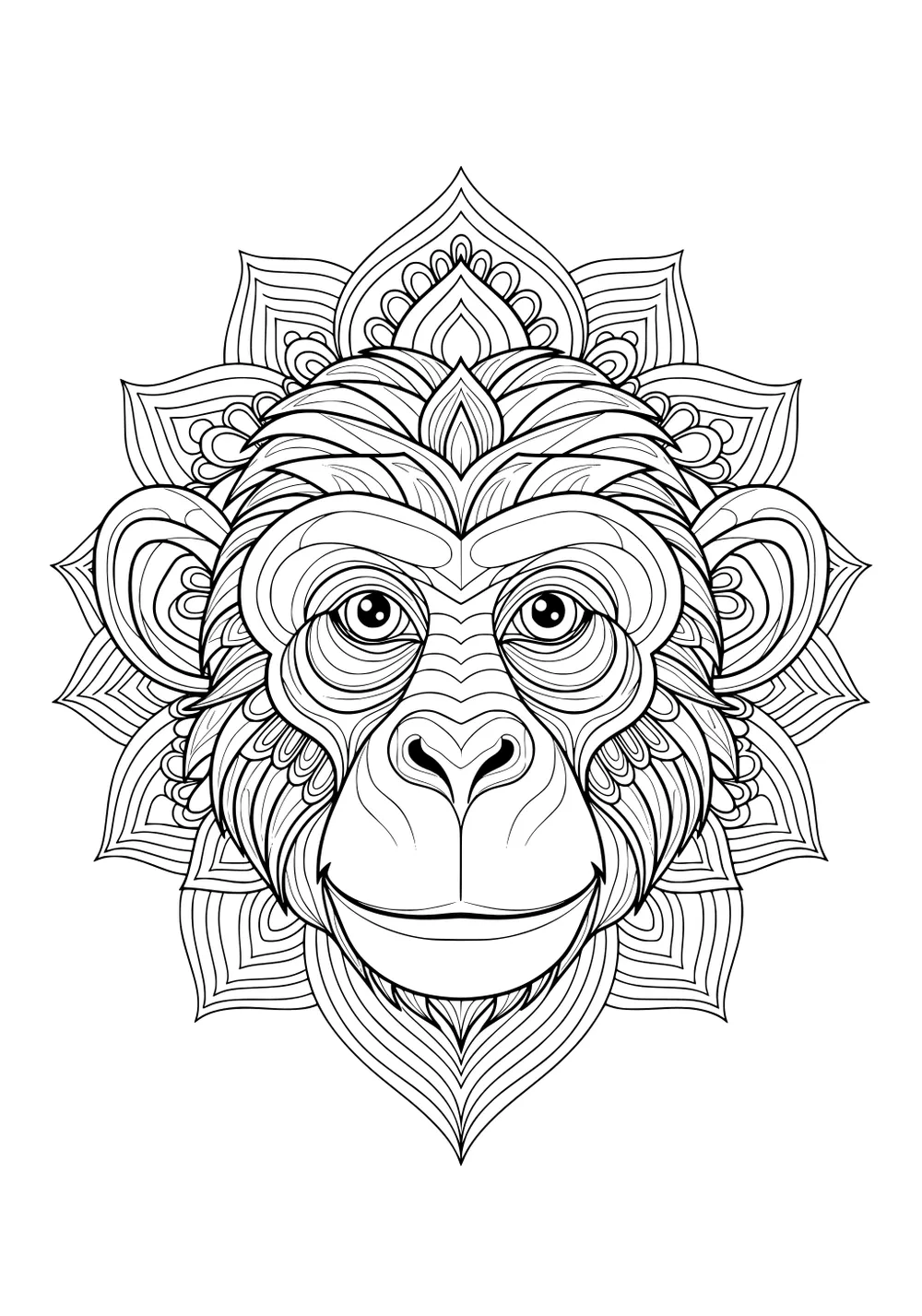 Monkey face with detailed fur and a mandala background pattern, all in black outlines.