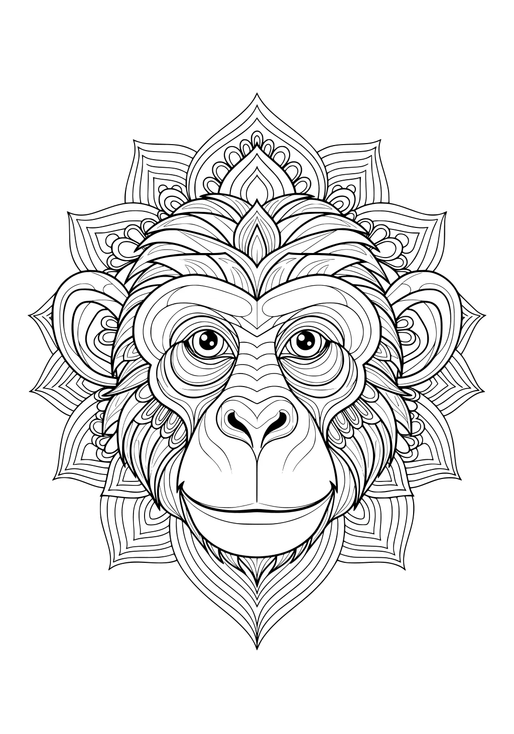 Monkey face with detailed fur and a mandala background pattern, all in black outlines.