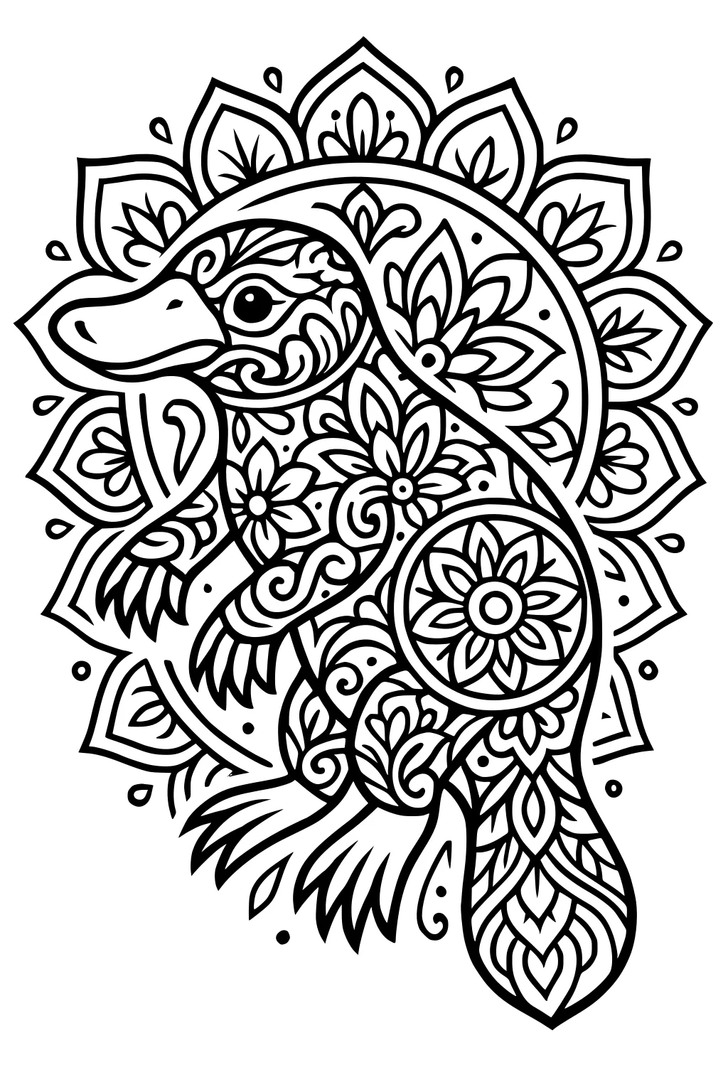 Platypus with a bill, paws, and tail decorated with mandala flowers and leaves, surrounded by swirling patterns.