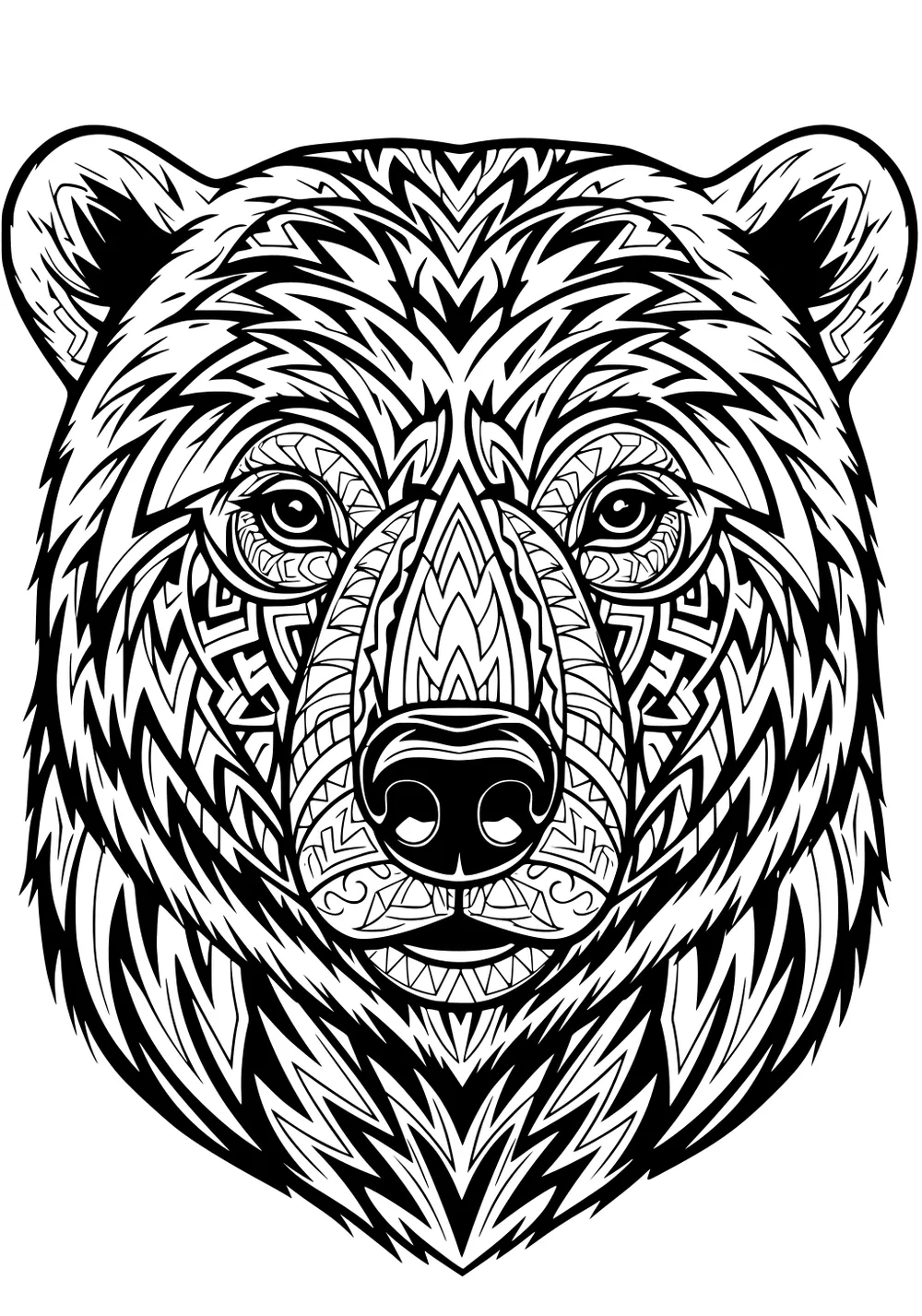 Polar bear face with intricate patterns and bold lines filling the head, ears, and snout, all facing forward.
