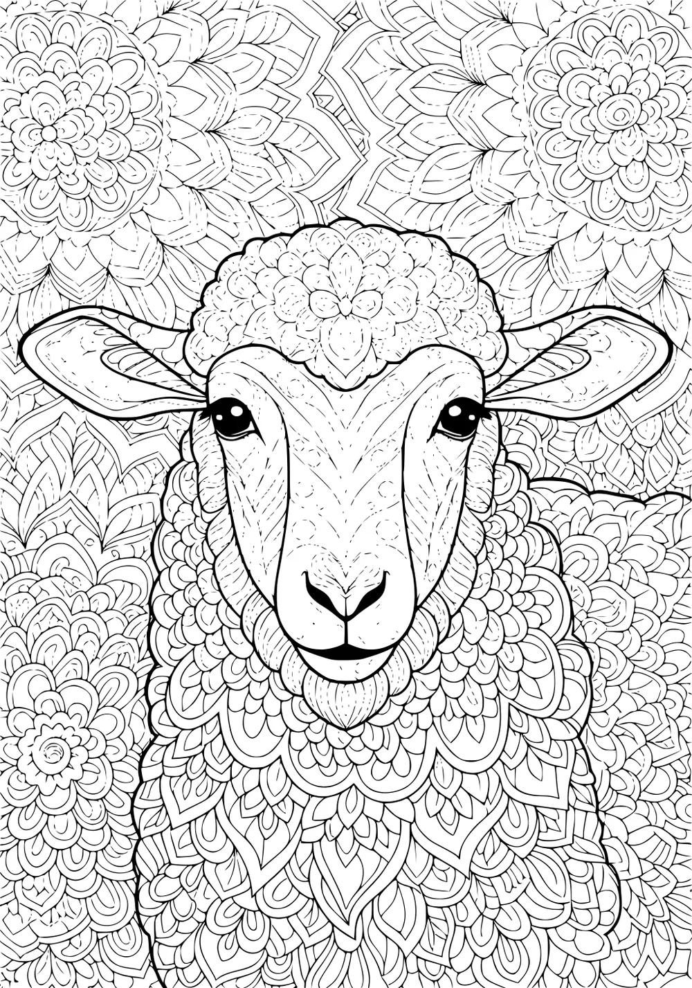 A sheep with intricate swirly wool and floral background, facing forward in a highly detailed line drawing.