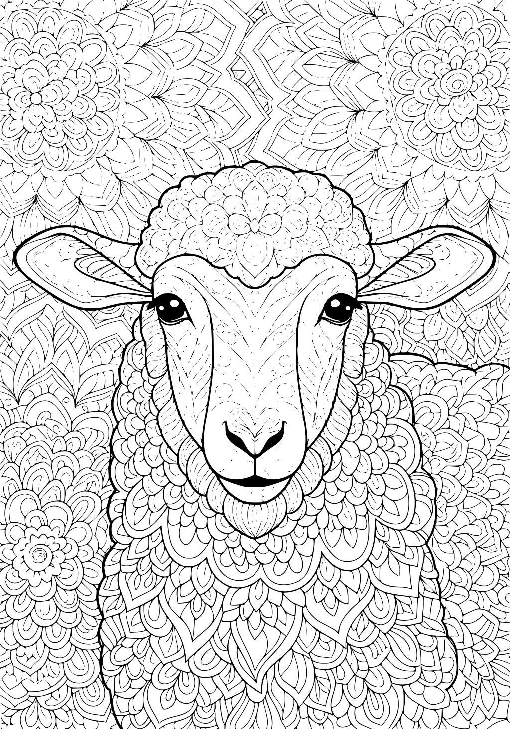 A sheep with intricate swirly wool and floral background, facing forward in a highly detailed line drawing.