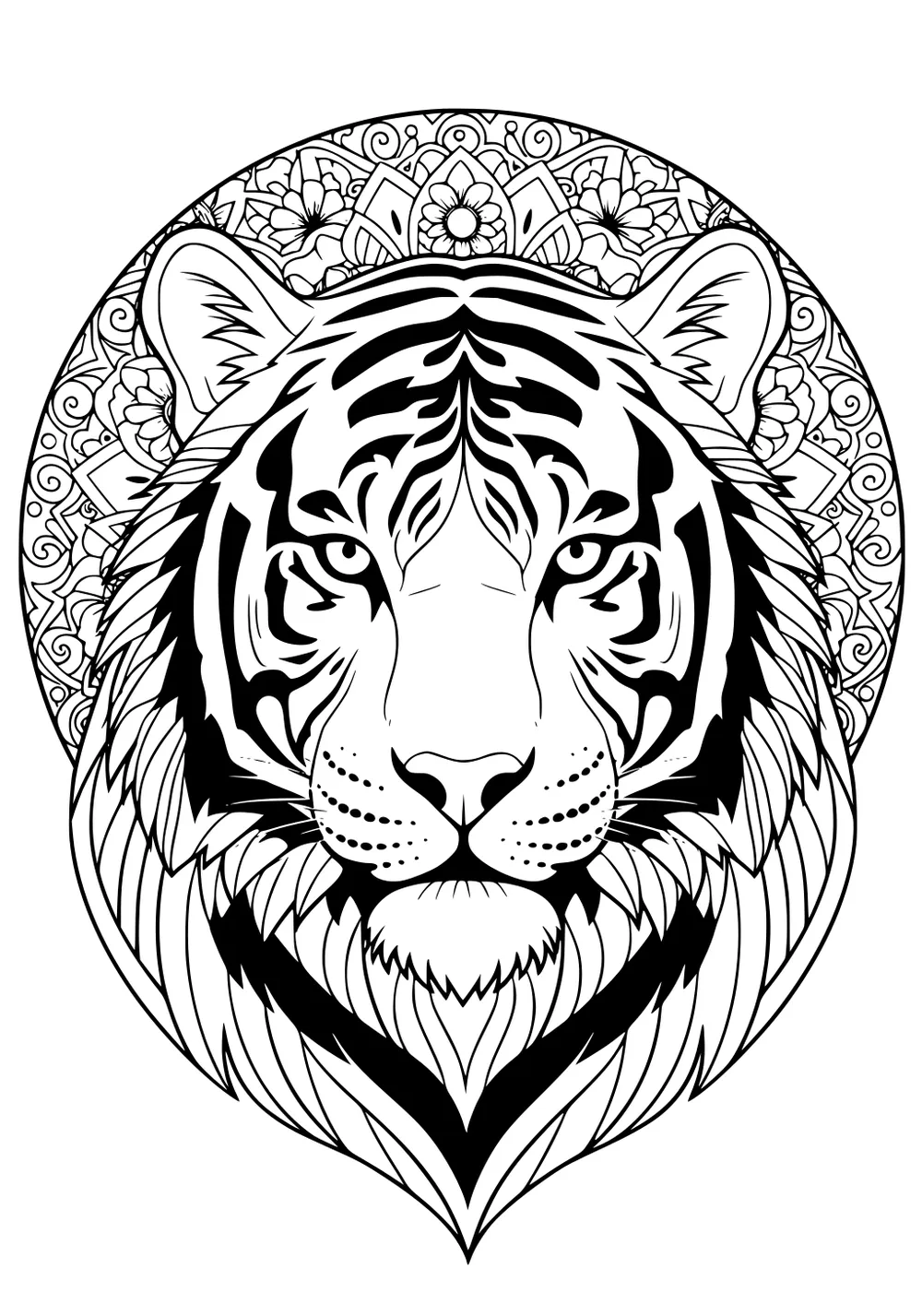 Tiger face with stripes, surrounded by a circular floral mandala background, detailed line art.