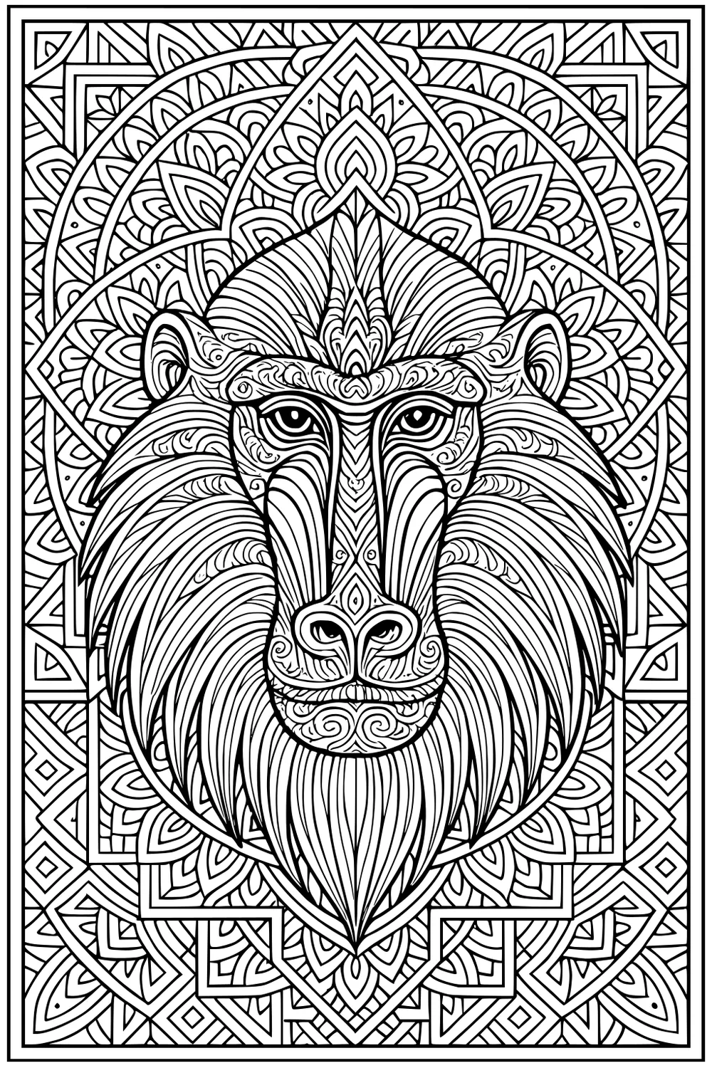 Intricate baboon face with patterned fur and a geometric mandala-style background.