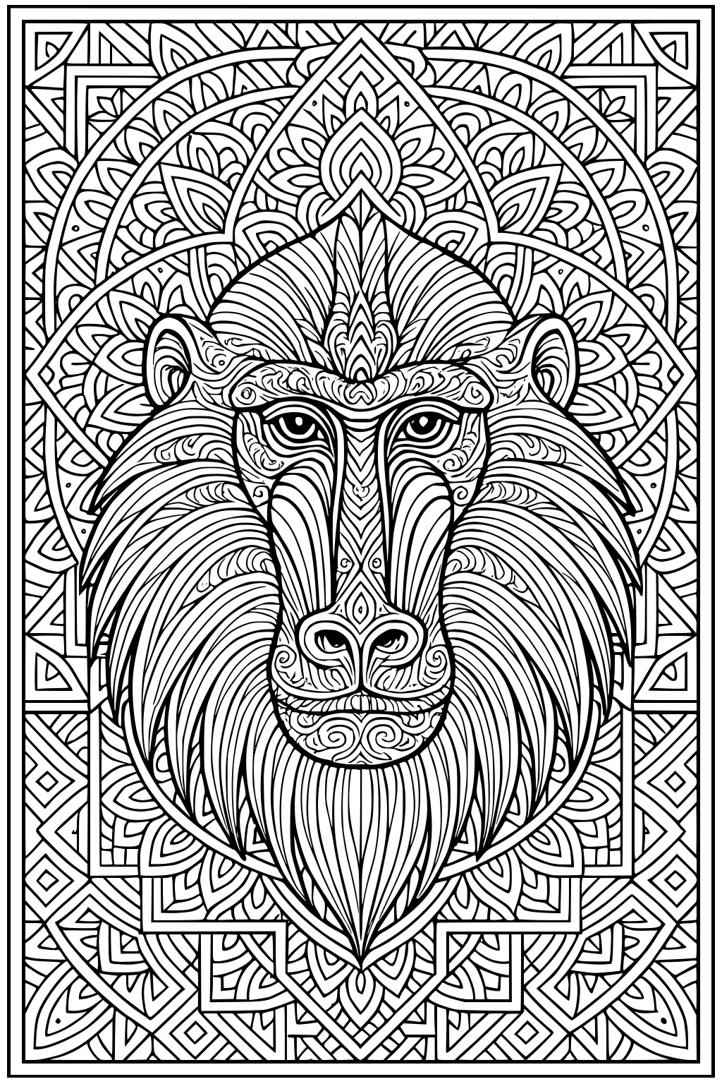 Intricate baboon face with patterned fur and a geometric mandala-style background.
