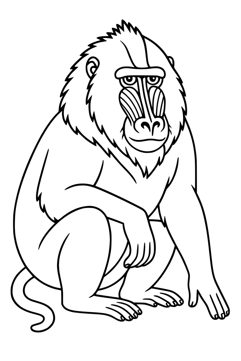 Sitting mandrill monkey with furry beard, striped face, and one hand on the ground.
