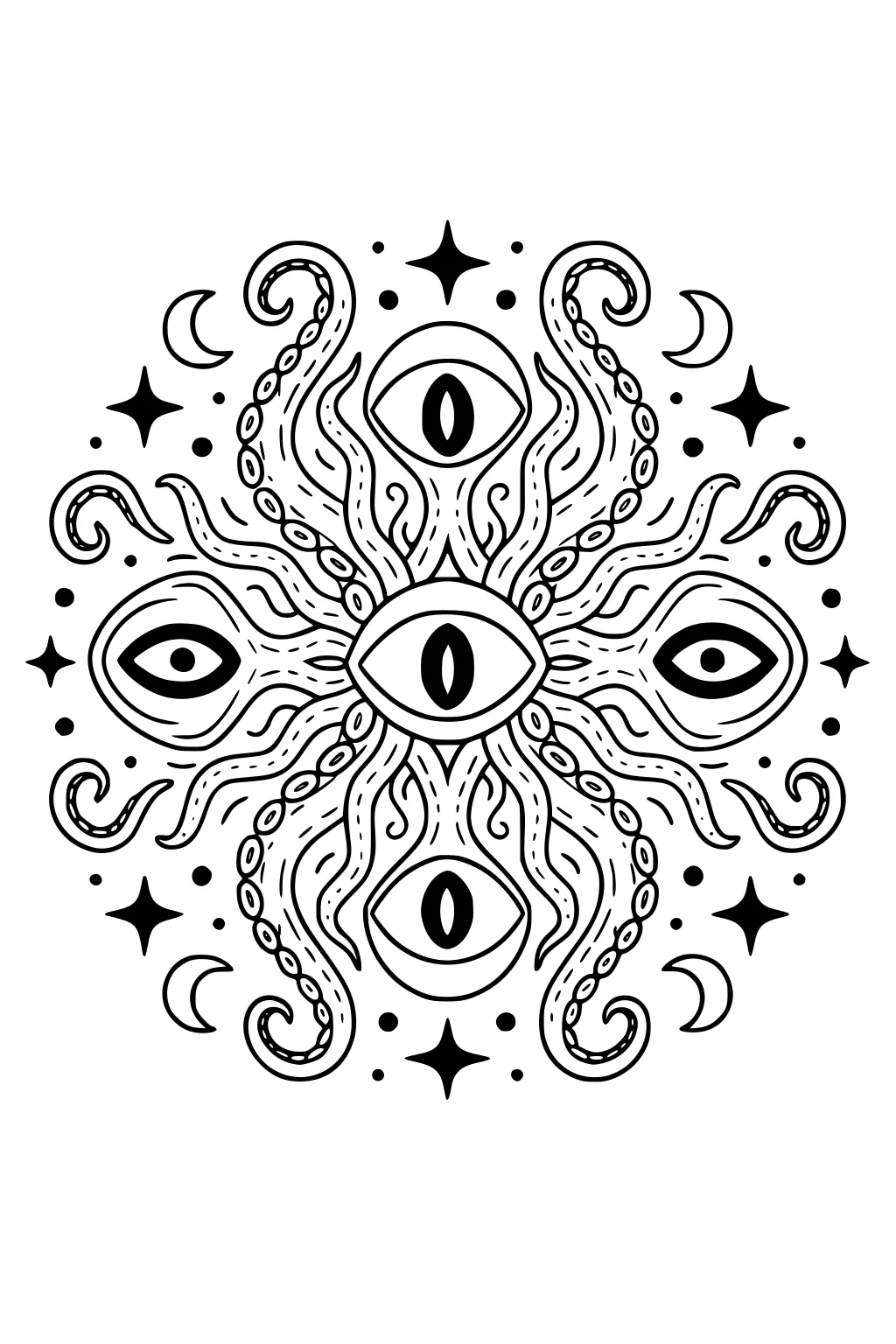 Symmetrical alien with five large eyes and curling tentacles, surrounded by stars, crescent moons, and dots in a mandala-style space design.