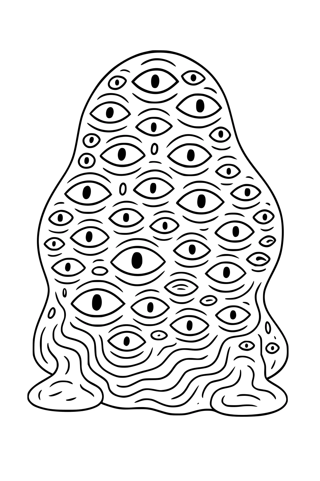 Blob alien packed with many eyes and a wavy slime body, puddles at the base, bold black outlines on white.