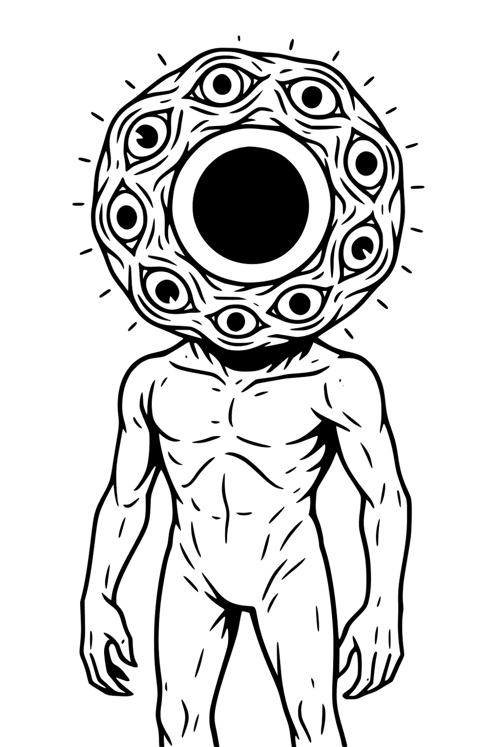 Alien with round head of many eyes and a big central circle, standing upright with long arms in bold black outlines.