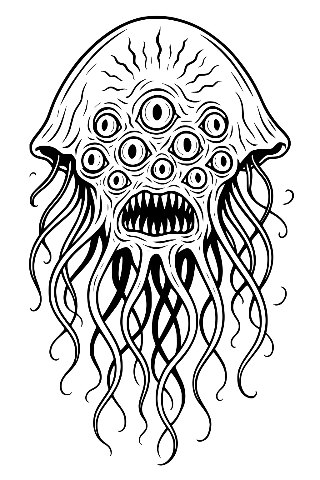Sea monster with jellyfish-like head, many eyes, zigzag teeth, and long curling tentacles, drawn in bold black outlines.