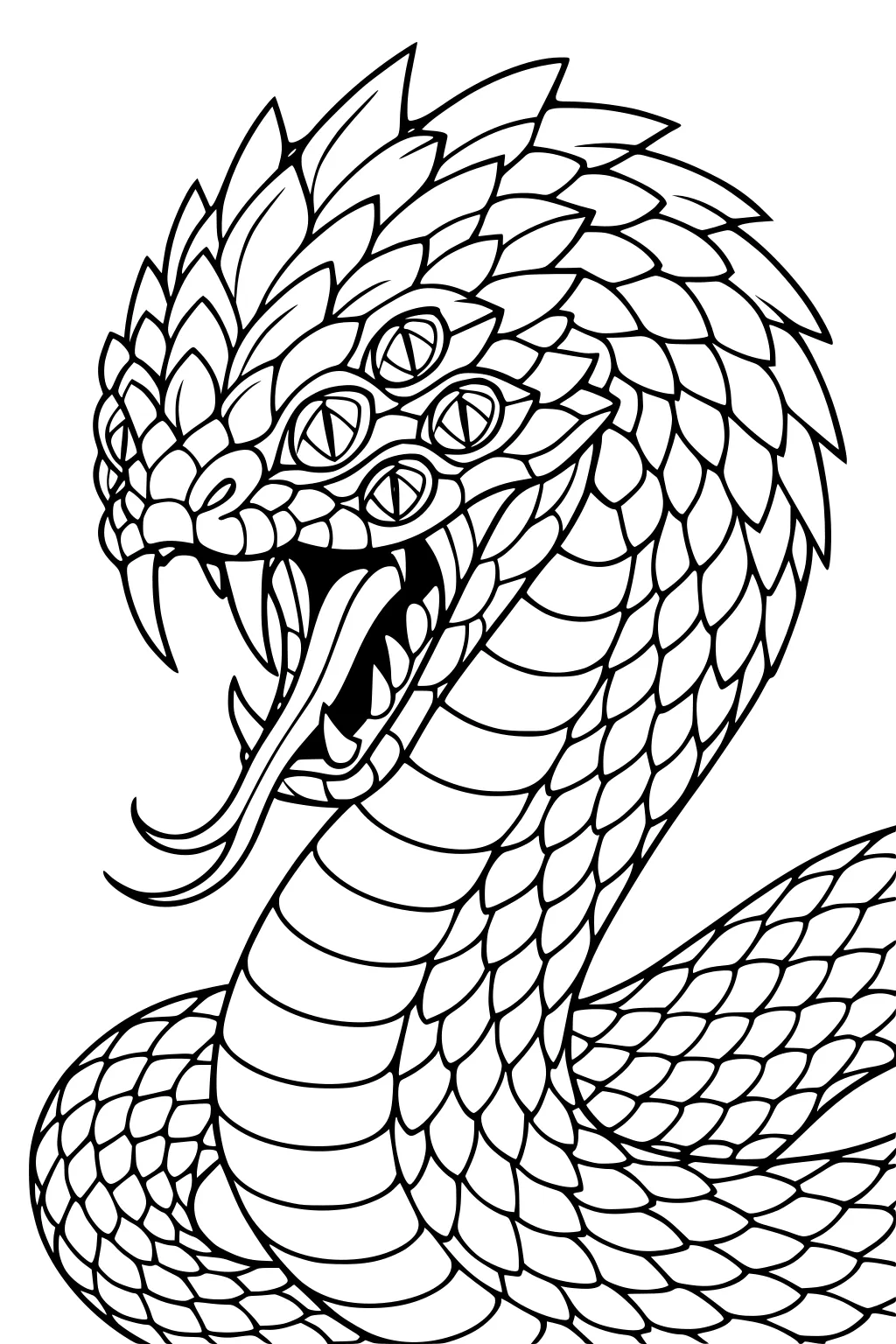 Many-eyed monster serpent with open mouth, forked tongue, curved fangs, and dense scales, coiled in an S shape.