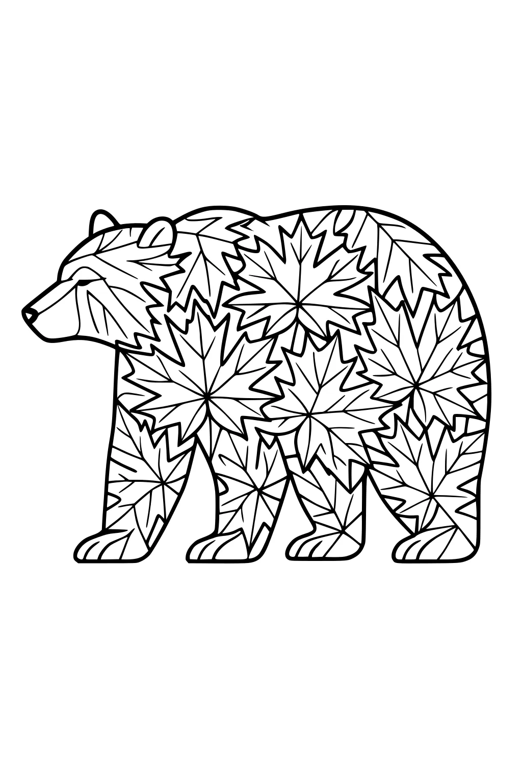 Bear standing with maple leaf patterns covering its body, outlined for coloring.