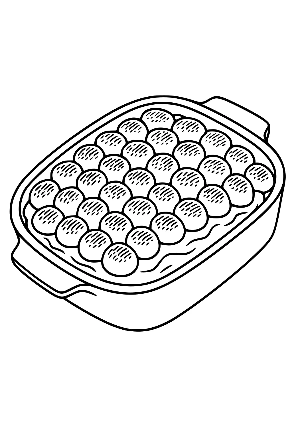 Outline of a rectangular baking dish filled with sweet potato casserole topped with rows of round marshmallows.