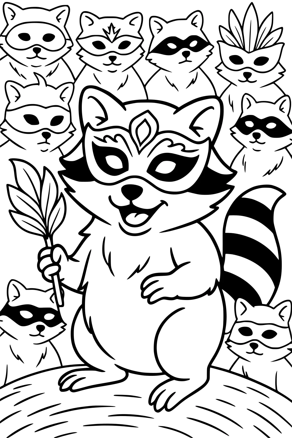 Raccoon holding a leafy mask, standing on a log, surrounded by eight raccoons in different masks.