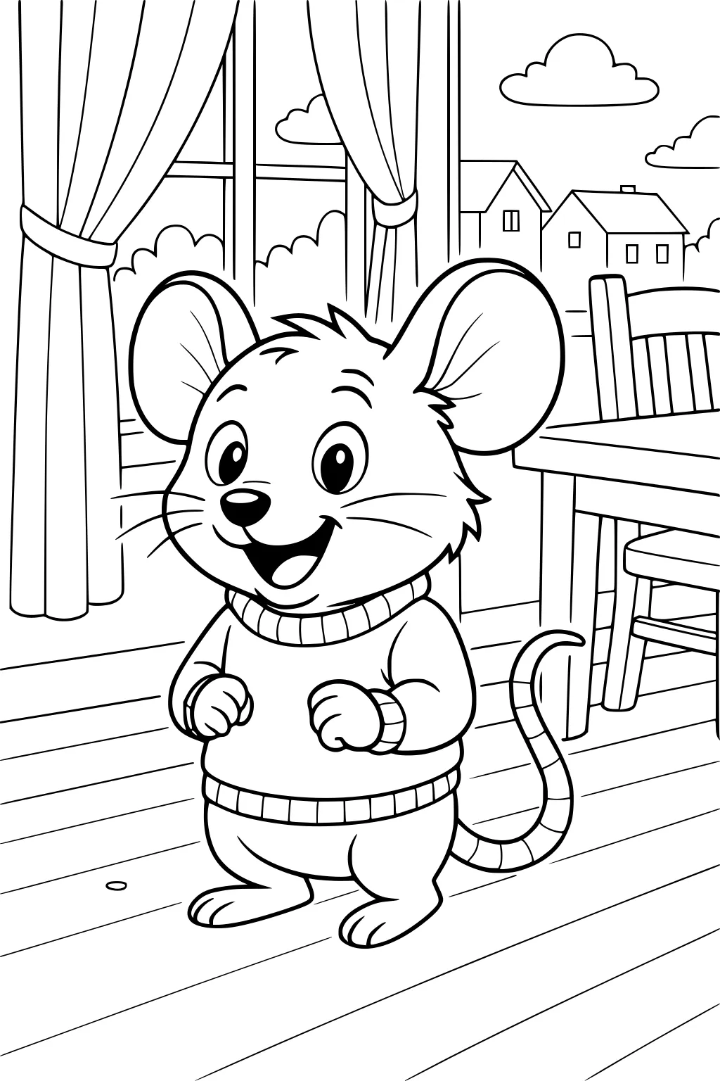 Mouse smiling in a sweater stands in a room near a window, with a table and chairs, curtains, and houses outside.