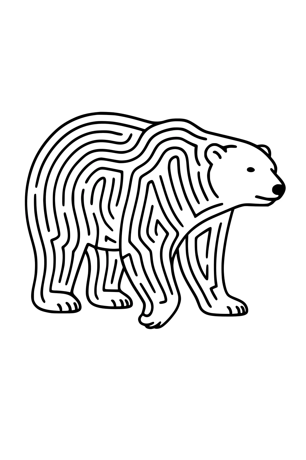 Outlined polar bear with maze-like stripes, walking on four legs, facing right.