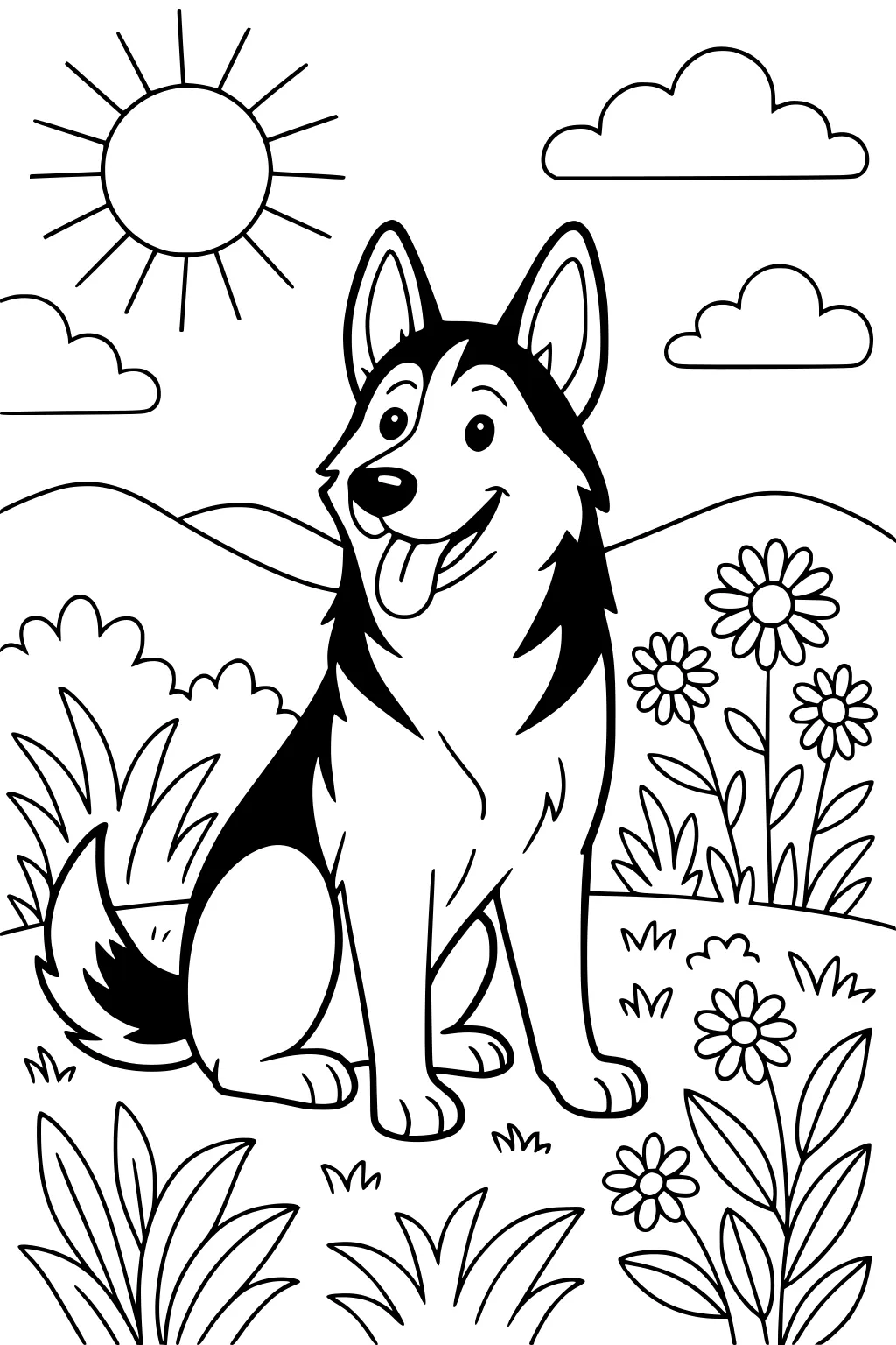 Smiling husky dog sits on grass in a sunny field with flowers, hills, and clouds in the background.