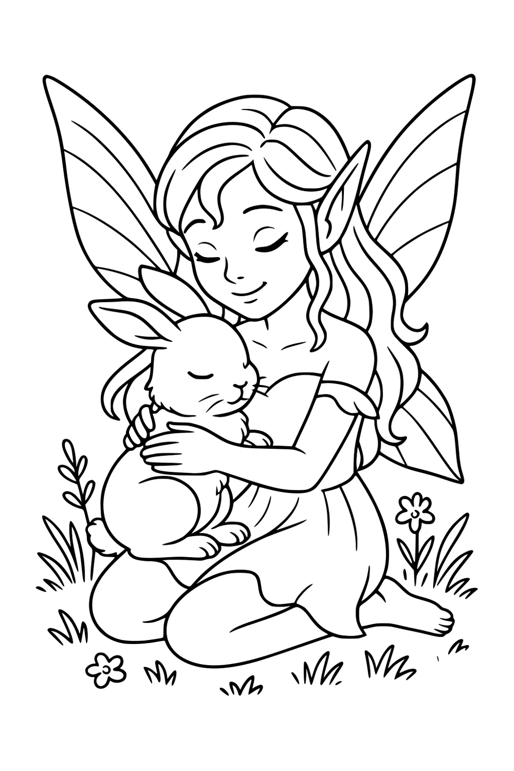 Young fairy girl kneels in grass, hugging a sleepy bunny, large wings behind her, flowers and leaves around.