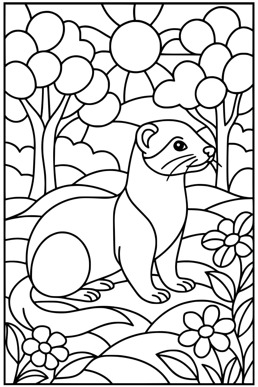 A ferret sits in grass surrounded by flowers, with trees, hills, clouds, and a shining sun in the background.