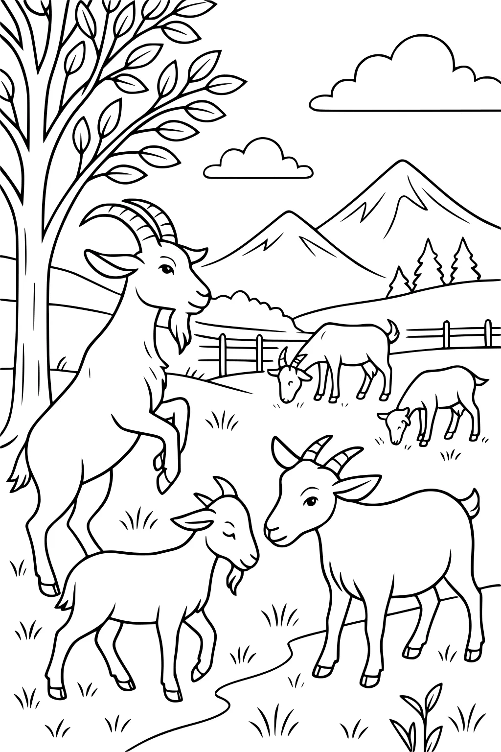 Five goats in a grassy meadow with a big tree, mountains, wooden fence, and clouds. Two goats graze and three are in the foreground.