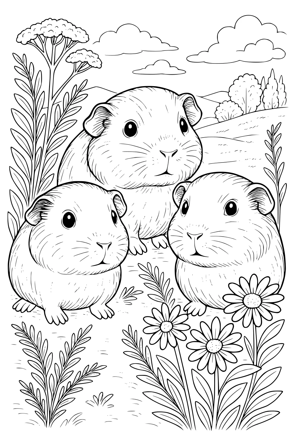 Three guinea pigs sitting closely together in grass with large flowers and leafy plants, hills, and clouds in the background.