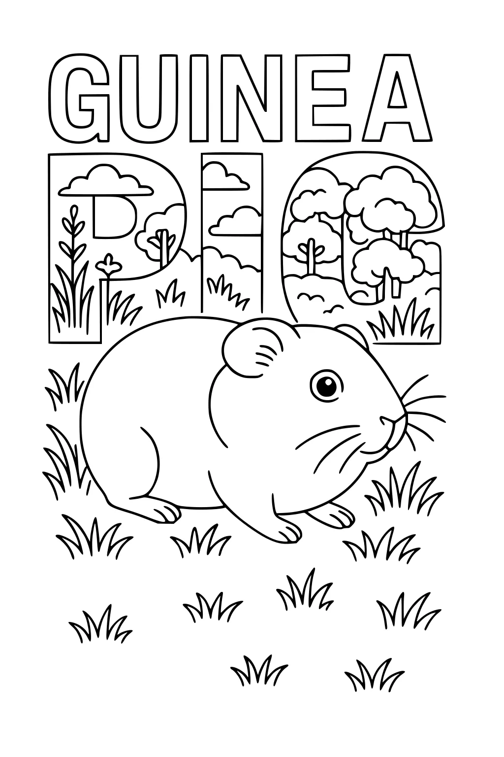 Guinea pig sitting in grass, with large outlined 'GUINEA PIG' letters above featuring trees and clouds inside.