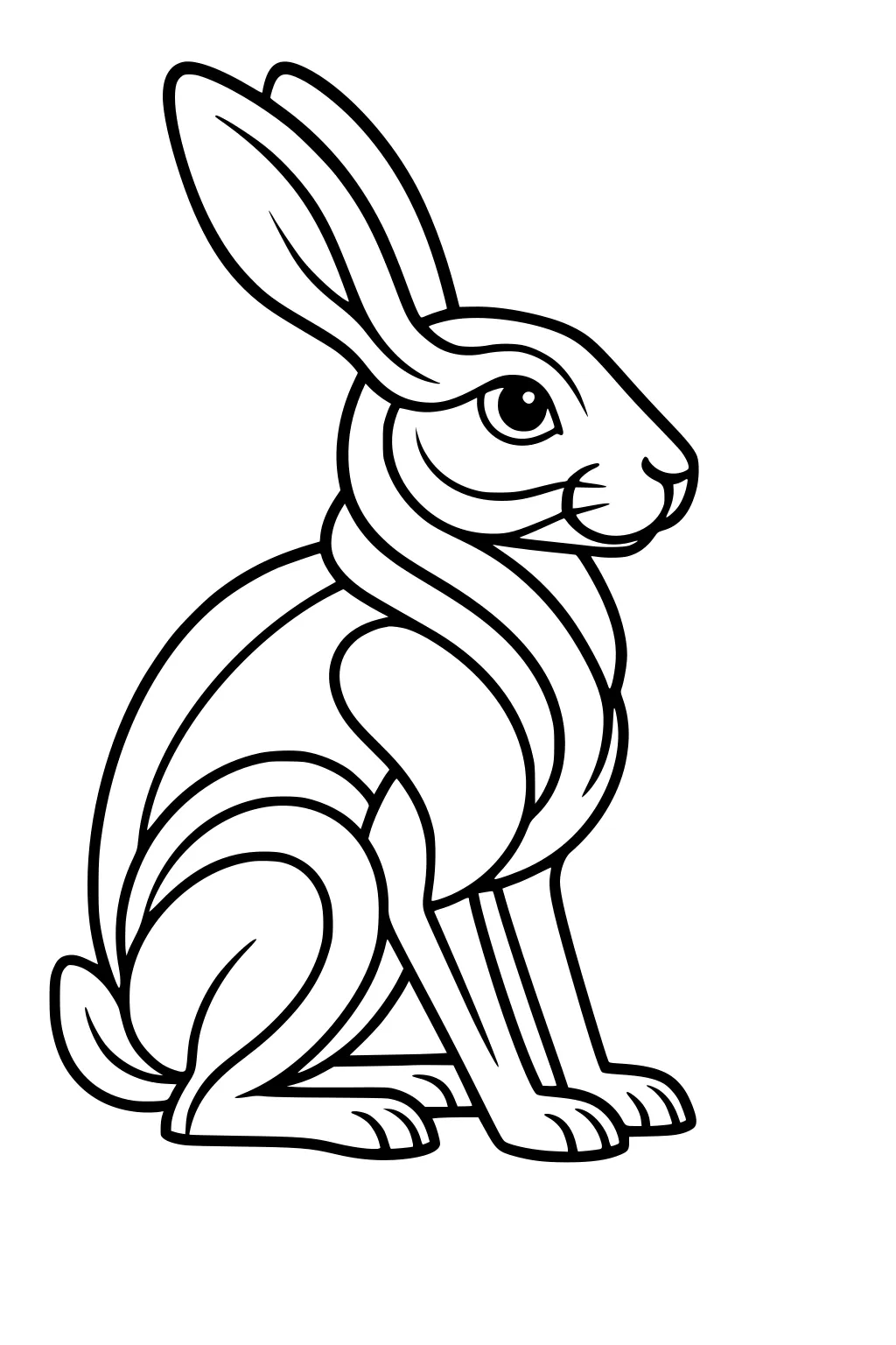 Line drawing of a sitting hare with upright ears and curved fur details.