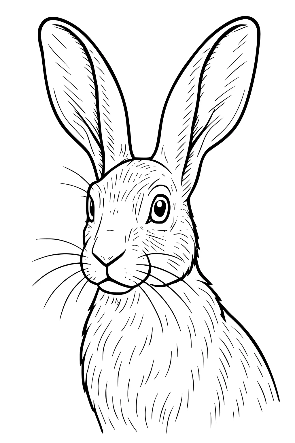 Line drawing of a hare with tall ears, fluffy fur, and wide eyes, facing forward.