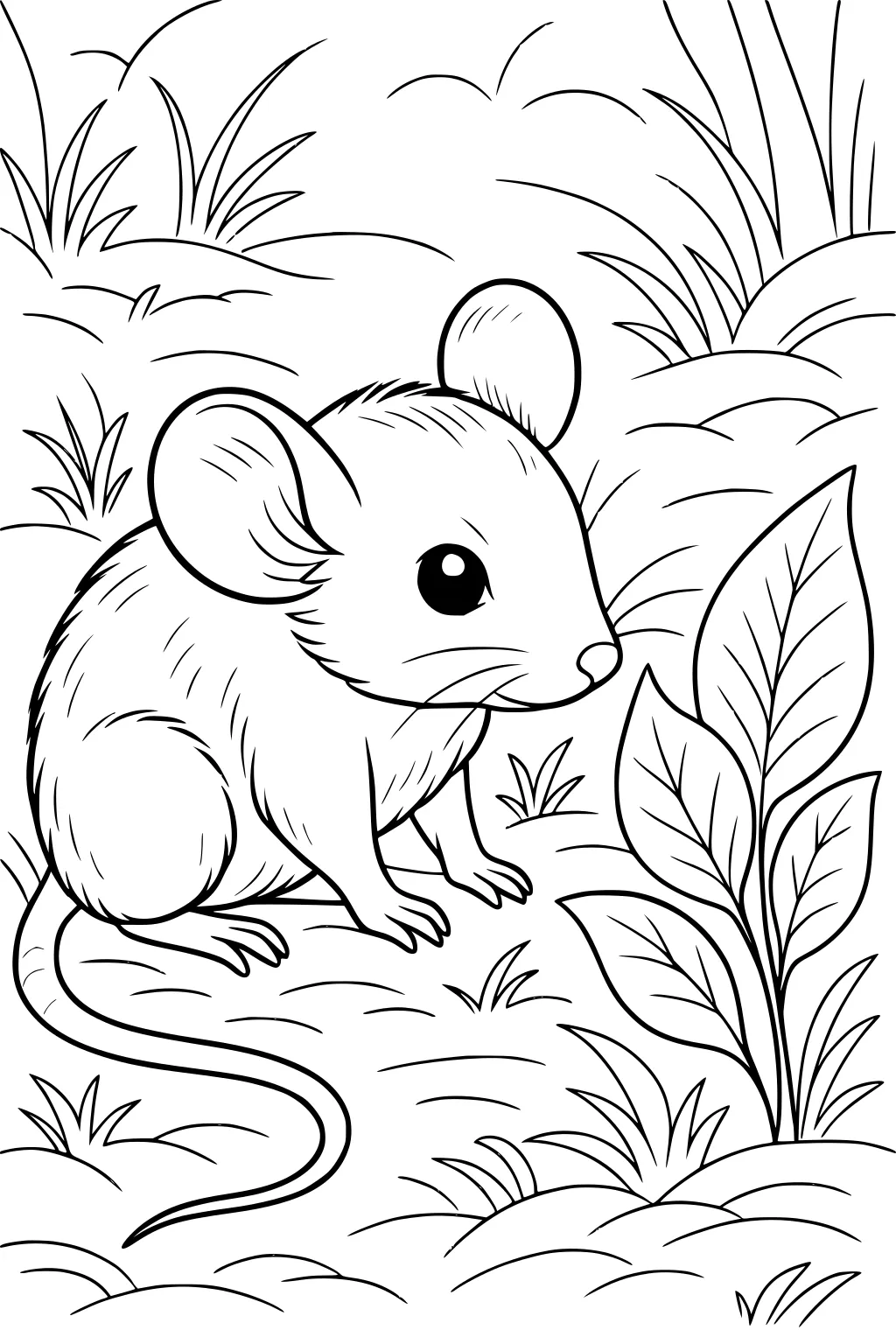 Mouse with big ears and long tail sitting on grassy ground near large leaves and tufts of grass.