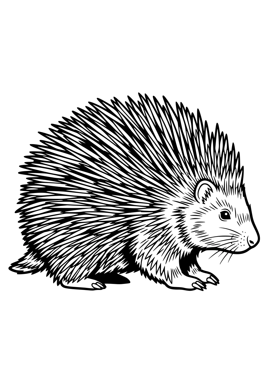 Porcupine with long sharp quills, small round ears, and a short nose, shown in side view with detailed fur and feet.
