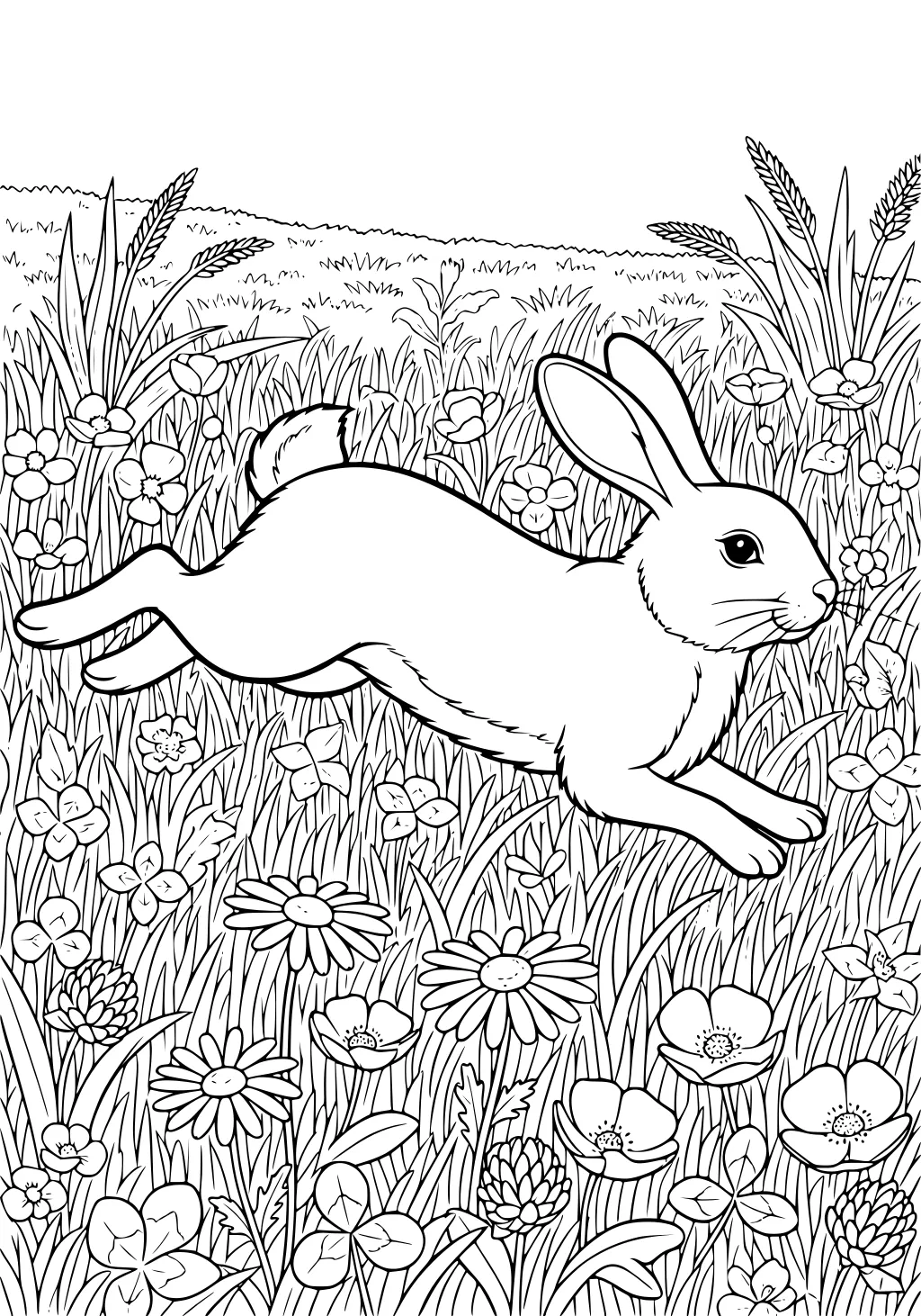 Rabbit hopping through a grassy meadow filled with wildflowers and tall grass.