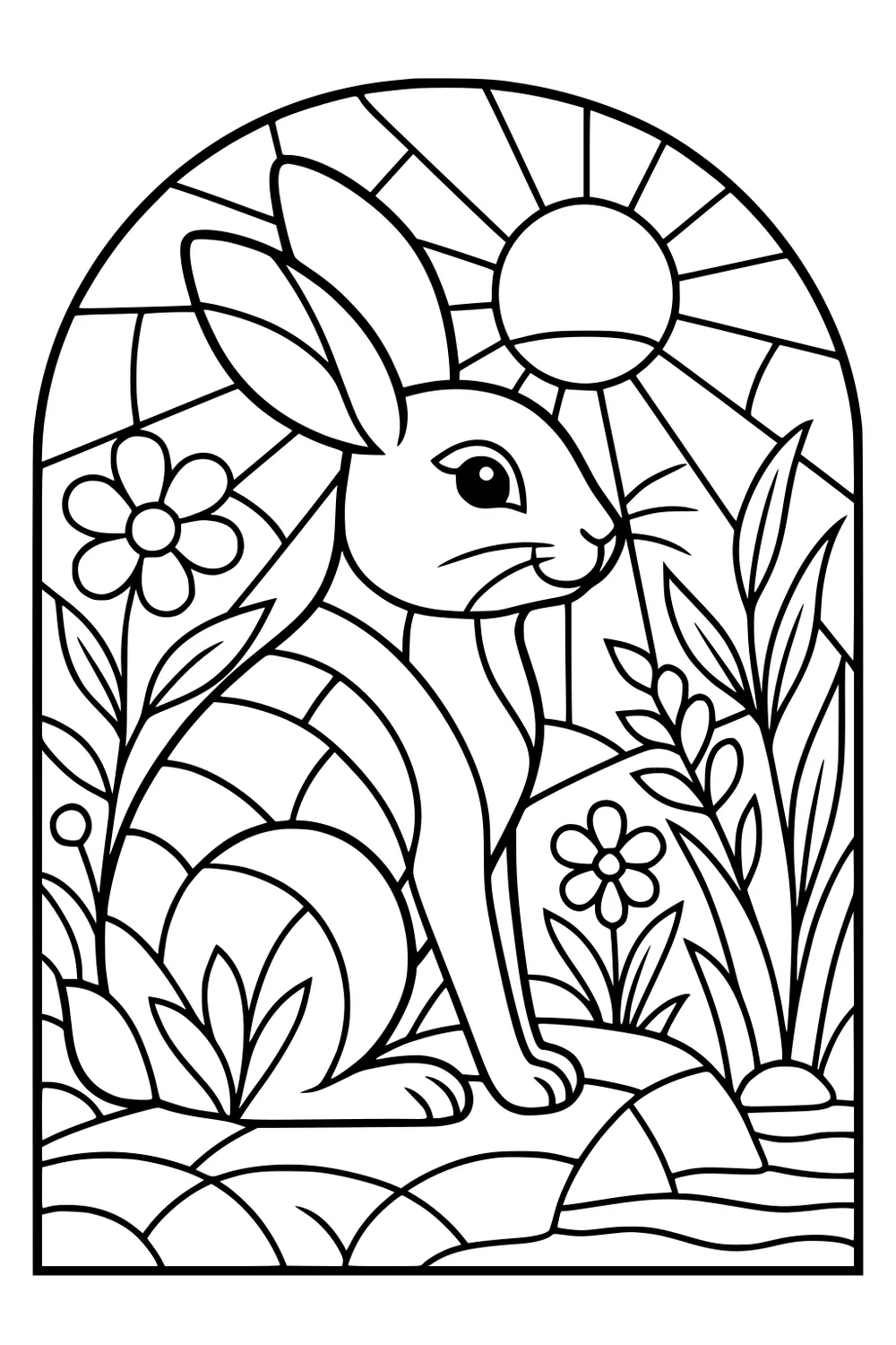Rabbit sitting among flowers and grass with sun rays in a stained glass-style background.