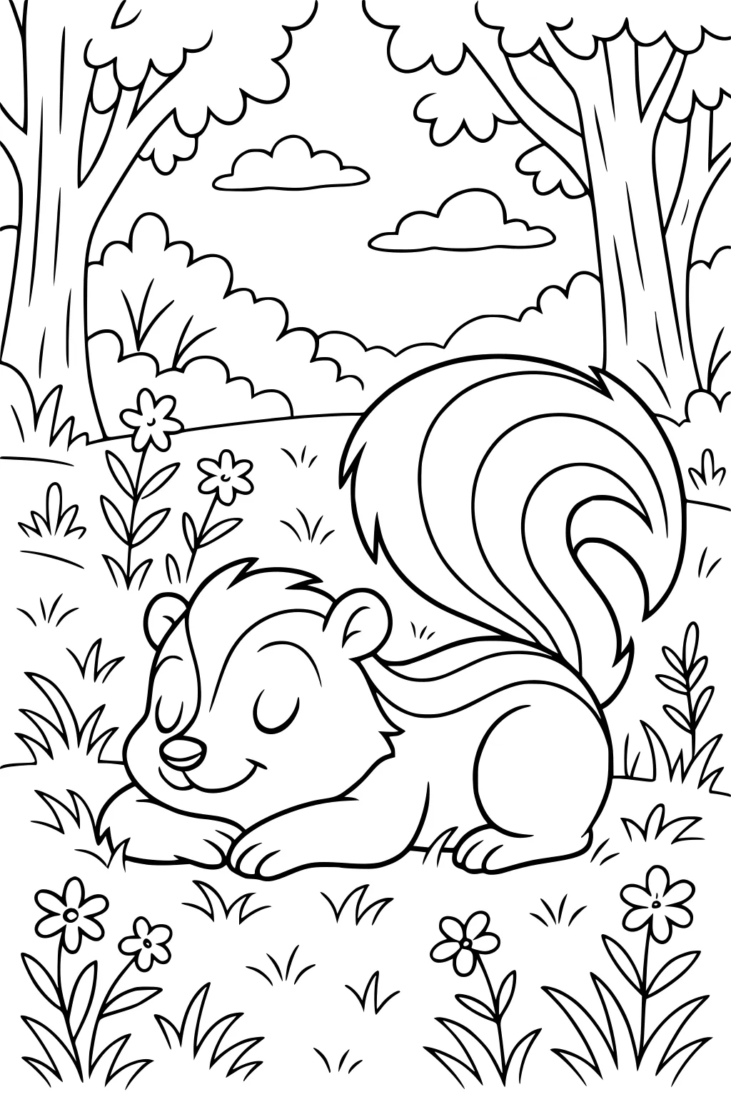 A cartoon skunk sleeps on grassy ground with flowers, trees, and clouds in the background.